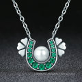 Authentic 925 Sterling Silver Horseshoe Green CZ Clover Flower Pendant Necklace Women Sterling Silver Jewelry